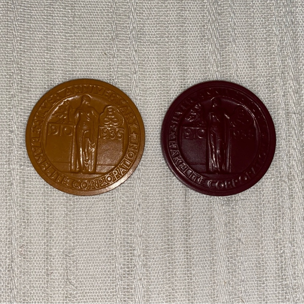 2 Bakelite Corp Silver Anniversary (1910-1935) Medallions, Butterscotch/Burgundy